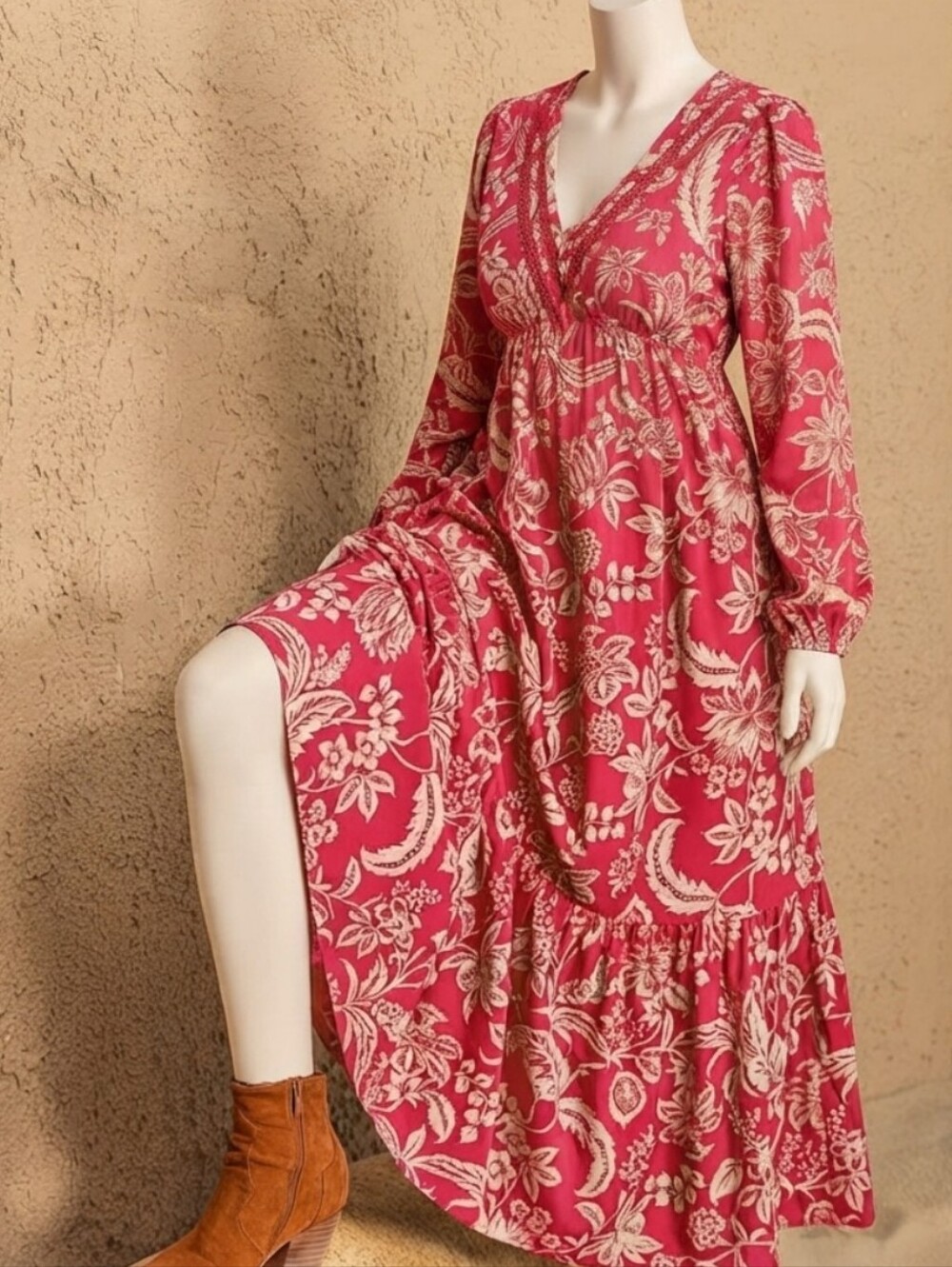 Floral V-Neck Long Sleeve Maxi Dress - Pink - Picture 11 of 11